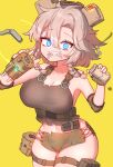  1girl blonde_hair blue_eyes braid breasts explosive grenade grenade_pin grin hair_between_eyes highres holding holding_grenade hyena_(last_origin) kim_aendeo last_origin looking_at_viewer medium_breasts messy_hair sharp_teeth short_shorts shorts side-tie_shorts simple_background smile solo teeth twin_braids yellow_background 