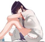  1girl bare_legs breast_press breasts brown_eyes commentary from_side komi-san_wa_komyushou_desu komi_shouko large_breasts long_hair looking_at_viewer looking_to_the_side no_bra purple_hair ricochet-gou shirt shoes short_sleeves shorts sidelocks simple_background sitting solo translated white_background white_shirt white_shorts 