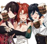  1boy 2girls 3o_c :d alcohol beer beer_mug beidou_(genshin_impact) bottle braid breasts brown_hair cleavage closed_eyes company_connection crossover cup drunk eyepatch genshin_impact green_hair grin highres holding holding_cup honkai_(series) honkai_impact_3rd jacket mihoyo_technology_(shanghai)_co._ltd. mole mole_on_breast mug multiple_girls murata_himeko murata_himeko_(battle_storm) open_mouth red_hair red_jacket simple_background smile teeth venti_(genshin_impact) white_background wine wine_bottle 