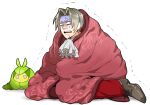  1boy 1other ace_attorney ascot bangs blank_eyes blanket crossover gpnet grey_hair male_focus miles_edgeworth parted_bangs pokemon pokemon_(creature) scared short_hair simple_background sitting swadloon sweat trembling white_ascot white_background 