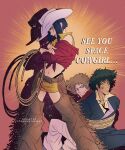  1girl 2boys andy_von_de_oniyate blonde_hair bound cowboy_bebop cowboy_hat crossed_arms faye_valentine hat johannathemad lipstick makeup multiple_boys purple_hair ribbon smile spike_spiegel tied_up_(nonsexual) 