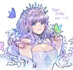  1girl bangs blue_eyes breasts bug butterfly cleavage commentary_request dated eyebrows_behind_hair flower green_butterfly hair_flower hair_ornament happy_birthday head_tilt kimidori_(kimidoriri) long_hair looking_at_viewer macross macross_frontier medium_breasts purple_butterfly purple_hair purple_nails sheryl_nome smile solo white_background 