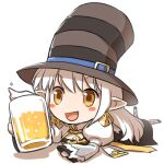  1girl :d alcohol arch_bishop_(ragnarok_online) bangs beer beer_mug belt black_footwear blue_belt blush_stickers brown_headwear chibi cleavage_cutout clothing_cutout commentary_request cross cup dress eyebrows_visible_through_hair fishnet_legwear fishnets full_body hat hat_belt juliet_sleeves long_hair long_sleeves looking_at_viewer lying mug natsuya_(kuttuki) on_stomach open_mouth pointy_ears puffy_sleeves ragnarok_online shoes simple_background smile solo striped striped_headwear the_pose thighhighs top_hat two-tone_dress v-shaped_eyebrows white_background white_dress white_legwear 