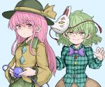  2girls bangs black_headwear blue_background bow bowtie circle closed_mouth cosplay costume_switch cross eyebrows_visible_through_hair fe_(tetsu) floral_print fox_mask green_eyes green_hair green_shirt hat hat_ribbon hata_no_kokoro hata_no_kokoro_(cosplay) komeiji_koishi komeiji_koishi_(cosplay) long_hair long_sleeves looking_at_another looking_at_viewer mask mask_on_head multiple_girls pink_eyes pink_hair plaid plaid_shirt purple_bow purple_bowtie ribbon rose_print shirt short_hair simple_background smile star_(symbol) third_eye touhou triangle upper_body wide_sleeves yellow_ribbon yellow_shirt 