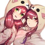  2girls ;o absurdres animal_hood bear_hood blush breasts cleavage commentary_request dutch_angle eyebrows_visible_through_hair green_eyes hair_between_eyes highres hololive hood houshou_marine looking_at_viewer low_twintails multiple_girls one_eye_closed onesie oshiruko_(oshiruco_212048) puckered_lips red_eyes red_hair sakura_miko selfie simple_background twintails virtual_youtuber white_background 