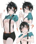  ! 1girl 3: :d :o ? @_@ absurdres aqua_eyes aqua_shirt black_hair black_shorts blush breasts cleavage collared_shirt commentary_request cowboy_shot crop_top cropped_torso ear_piercing embarrassed flying_sweatdrops hands_up heart highres kyoro_ina looking_at_viewer medium_breasts messy_hair multiple_views navel no_bra open_mouth original piercing shirt short_hair short_shorts short_sleeves shorts sideboob simple_background smile stomach suspender_shorts suspenders upper_body v w_arms white_background 