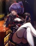  1girl alcohol bangs bar_stool black_gloves bottle breasts cleavage closed_mouth crossed_legs cup drinking_glass gloves holding holding_sword holding_weapon honkai_(series) honkai_impact_3rd indoors katana long_hair long_sleeves looking_at_viewer ponytail purple_eyes purple_hair raiden_mei raiden_mei_(danzai_spectramancer) sitting smile solo stool sword table thighhighs weapon white_legwear wine wine_bottle wine_glass zombie-andy 