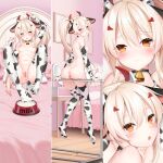  1girl animal_ears animal_print anus ayanami_(azur_lane) azur_lane back bangs bell black_choker blonde_hair blush bowl breasts bridal_gauntlets chinese_commentary choker closed_mouth commentary_request cow_ears cow_horns cow_print cowbell dakimakura_(medium) eyebrows_visible_through_hair fake_animal_ears fake_horns feet full_body hair_ornament heart heart-shaped_pupils highres horns long_hair looking_at_viewer milk multiple_views navel neck_bell nipples no_shoes nude parted_lips pet_bowl ponytail print_bridal_gauntlets print_legwear pussy sex_toy sitting small_breasts suggestive_fluid symbol-shaped_pupils thighhighs tongue tongue_out uncensored very_long_hair vibrator wooden_floor yellow_eyes yutian_alice 