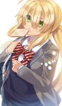  1girl ahoge akio_(akio1124) alternate_costume artoria_pendragon_(caster)_(fate) artoria_pendragon_(fate) bag bangs blonde_hair blue_vest blush bow bowtie collared_shirt commentary eyebrows_visible_through_hair fate/grand_order fate_(series) food food_in_mouth green_eyes grey_jacket hair_between_eyes highres jacket long_hair long_sleeves looking_at_viewer mouth_hold open_clothes open_jacket saint_quartz_(fate) school_bag school_uniform shirt sidelocks solo striped striped_bow striped_bowtie toast toast_in_mouth twintails uniform upper_body very_long_hair vest white_background white_shirt 