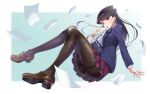  1girl absurdres bangs black_eyes black_hair black_legwear blue_jacket blush bow bowtie brown_legwear closed_mouth collared_shirt floating floating_hair highres holding holding_paper jacket knees_up komi-san_wa_komyushou_desu komi_shouko loafers long_hair long_sleeves looking_at_viewer panties panty_peek pantyhose pantyshot paper papers pleated_skirt qome red_bow red_bowtie red_skirt school_uniform shirt shoes skirt solo striped striped_bow striped_skirt thighs underwear upskirt white_shirt 