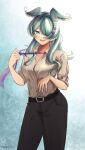  1girl alternate_costume bangs belt black_belt black_pants blue_hair blush breasts collared_shirt elira_pendora eyebrows_visible_through_hair grey_shirt hair_over_one_eye head_wings highres long_hair looking_at_viewer medium_breasts necktie necktie_grab neckwear_grab nijisanji nijisanji_en open_mouth pants purple_necktie remirii shirt shirt_tucked_in smile solo virtual_youtuber 