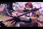  1boy bare_shoulders battle fighting_stance from_side hel0205 highres japanese_clothes long_sideburns male_focus muscular muscular_male pectoral_cleavage pectorals ponytail red_hair serious short_hair sideburns solo_focus thick_eyebrows tonbokiri tonbokiri_(touken_ranbu) touken_ranbu vambraces yellow_eyes 