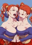 2girls absurdres arad_baranga belt_pouch blue_background blue_shirt breast_press breasts brown_eyes catfight collarbone dragon_quest earrings grabbing_another&#039;s_hair highres jessica_albert jewelry large_breasts long_hair looking_at_another multiple_girls off-shoulder_shirt off_shoulder one_eye_closed open_mouth orange_hair pouch selfcest shirt simple_background single_earring teeth tongue twintails 