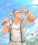  1boy absurdres bara blue_hair blush bulge cloud cloudy_sky cowboy_shot fishing_rod gou_mangwu hair_slicked_back hand_up happy_birthday headband highres holding holding_fishing_rod long_sideburns male_focus male_swimwear mint muscular muscular_male open_clothes open_shirt original pectoral_cleavage pectorals short_hair sideburns sky solo sunlight swim_trunks thick_eyebrows topless_male unzipped weibo_logo weibo_username 