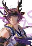  1boy alternate_costume antlers armor bangs bare_shoulders fake_horns hel0205 highres horned_headwear horns japanese_armor japanese_clothes long_sideburns male_focus parted_bangs ponytail red_hair reindeer_antlers sideburns smile solo thick_eyebrows tonbokiri_(touken_ranbu) touken_ranbu upper_body wind yellow_eyes 