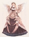  1girl alternate_color blonde_hair breasts brown_eyes byuura_(sonofelice) cleavage corviknight dress fingerless_gloves full_body gloves hair_between_eyes long_hair looking_at_viewer medium_breasts personification pokemon shiny_pokemon simple_background standing wings 