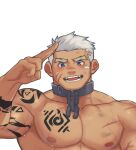  1boy :d bara blue_eyes blush bodypaint chain collar gou_mangwu large_pectorals looking_at_viewer male_focus metal_collar muscular muscular_male nipples nude original pectorals salute scar scar_on_arm scar_on_cheek scar_on_chest scar_on_face scar_on_nose short_hair smile solo thick_eyebrows two-finger_salute upper_body white_background white_hair 