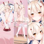  1girl anus ayanami_(azur_lane) azur_lane back bangs bell black_choker blonde_hair blush bowl breasts chinese_commentary choker closed_mouth commentary_request cowbell dakimakura_(medium) detached_sleeves eyebrows_visible_through_hair feet full_body hair_ornament headgear heart heart-shaped_pupils highres long_hair long_sleeves looking_at_viewer milk multiple_views navel neck_bell nipples no_shoes nude parted_lips pet_bowl ponytail pussy sex_toy sitting small_breasts suggestive_fluid symbol-shaped_pupils thighhighs tongue tongue_out uncensored very_long_hair vibrator white_legwear wooden_floor yellow_eyes yutian_alice 