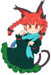  1girl animal_ear_fluff animal_ears bow braid cat_ears clenched_hands dress extra_ears green_dress ini_(inunabe00) kaenbyou_rin multiple_tails nekomata paw_pose pointy_ears red_eyes red_hair scarf simple_background solo subterranean_animism tail touhou tsurime twin_braids whiskers white_background 