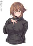  1girl alternate_costume black_sweater blush breasts brown_hair commentary_request ebifurya eyebrows_visible_through_hair flipped_hair green_eyes hair_between_eyes hand_on_own_chest highres kantai_collection large_breasts lips long_sleeves looking_at_viewer mutsu_(kancolle) one-hour_drawing_challenge ribbed_sweater short_hair simple_background solo sweater turtleneck turtleneck_sweater twitter_username upper_body white_background 