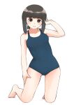  1girl barefoot black_eyes black_hair blue_swimsuit commentary_request fubuki_(kancolle) full_body highres kantai_collection kneeling looking_at_viewer low_ponytail ponytail school_swimsuit short_hair short_ponytail sidelocks simple_background solo swimsuit toplow white_background 