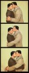  2boys arms_around_waist batman batman_(series) black_hair brown_jacket bruce_wayne clark_kent couple dc_comics forehead_kiss hands_on_another&#039;s_arms highres hug jacket kiss kissing_cheek male_focus multiple_boys nakadoori necktie scarf short_hair superman superman_(series) surprise_kiss surprised yaoi 