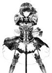  1girl arad_baranga armor armored_dress bow breasts cleavage closed_mouth dress erika_(shadowverse) frills gauntlets greaves greyscale hand_on_hilt hatching_(texture) highres holding holding_sword holding_weapon large_bow looking_at_viewer maid monochrome pauldrons scabbard shadowverse sheath sheathed short_hair shoulder_armor simple_background skindentation solo standing sword weapon white_background 