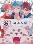  &gt;_&lt; :d blue_eyes brown_hair dog gintama glasses highres holding holding_paper kagura_(gintama) mikuwwwm orange_hair paper red_eyes sadaharu sakata_gintoki shimura_shinpachi short_hair smile translated white_hair xd 