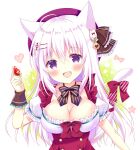  1girl :d ahoge animal_ears beret bitter_crown black_bow blush bow breasts cat_ears cat_girl cat_tail cleavage commentary diagonal-striped_bow fang food fruit hair_ornament hairclip hat head_tilt heart holding holding_food long_hair looking_at_viewer medium_breasts original puffy_short_sleeves puffy_sleeves purple_eyes red_bow red_headwear shirt short_sleeves smile solo strawberry striped striped_bow tail tail_bow tail_ornament tail_raised upper_body white_hair white_shirt wrist_cuffs 