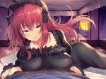  1boy 1girl absurdres bed black_dress black_headwear breasts dress highres large_breasts red_eyes red_hair tomako_(tatihitoe) 