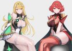  2girls absurdres bangs bare_legs bare_shoulders black_gloves blonde_hair breasts chest_jewel cleavage cleavage_cutout clothing_cutout dress earrings elbow_gloves fingerless_gloves gloves highres jewelry large_breasts long_hair matsukan_(dug_pile) multiple_girls mythra_(xenoblade) pyra_(xenoblade) red_eyes red_hair red_legwear red_shorts short_dress short_hair short_shorts shorts swept_bangs thigh_strap thighhighs tiara very_long_hair white_dress white_gloves xenoblade_chronicles_(series) xenoblade_chronicles_2 yellow_eyes 