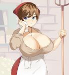  1girl absurdres blouse blue_eyes breasts brown_hair cleavage commentary curvy cuteakita farm freckles highres huge_breasts large_breasts looking_at_viewer original peasant pitchfork plump short_hair shortstack sweat trad_(cuteakita) 