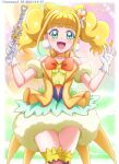  1girl :d arm_scrunchie bangs blonde_hair blunt_bangs bow bowtie choker collarbone cowboy_shot cure_sparkle earrings eyebrows_visible_through_hair gloves green_eyes hair_cones hanzou healin&#039;_good_precure highres hiramitsu_hinata holding jewelry long_hair looking_at_viewer orange_bow orange_bowtie precure shiny shiny_hair smile solo standing twintails white_gloves yellow_choker 