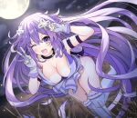  1girl adult_neptune alternate_costume bare_shoulders blush breasts cleavage eyebrows_visible_through_hair fingerless_gloves giga-tera gloves highres large_breasts long_hair looking_at_viewer neptune_(series) one_eye_closed open_mouth purple_eyes purple_hair smile solo thighhighs 
