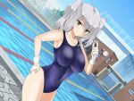  1girl blue_eyes blue_sky blue_swimsuit breasts building chain-link_fence clock collarbone competition_school_swimsuit competition_swimsuit fence gloves kantai_collection kashima_(kancolle) large_breasts one-piece_swimsuit outdoors pachio pool poolside school school_swimsuit silver_hair sky solo starting_block swimsuit twintails water white_gloves 