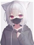  1girl absurdres animal_ear_fluff animal_ears bangs black_hoodie blush cat_ears commentary_request drawstring eyebrows_visible_through_hair grey_background grey_hair hair_between_eyes hand_up highres hood hood_down hoodie long_sleeves looking_at_viewer mask mouth_mask multicolored_hair original puffy_long_sleeves puffy_sleeves red_eyes romaji_commentary sirotuki_ito sleeves_past_wrists solo two-tone_hair upper_body 