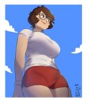  1boy 1girl border breasts brown_eyes brown_hair cloud covered_navel english_commentary giant giantess glasses impossible_clothes large_breasts lips looking_to_the_side looking_up original red_shorts shirt short_hair shorts sketch sky smile snowcie snowciel white_border white_shirt 