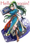  1girl blue_dress boots dress earrings fingerless_gloves fire_emblem fire_emblem:_the_blazing_blade game_boy_advance game_boy_cartridge gloves green_eyes green_hair handheld_game_console highres jewelry katana long_hair looking_at_viewer lyn_(fire_emblem) ponytail red_sash rope_belt sash smile sparkle sword tsuko_(25mnts) very_long_hair weapon 