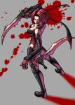  1girl black_footwear blade blood bloodrayne bloodrayne_(videogame) blue_eyes breasts cleavage dual_wielding elbow_gloves full_body gloves grey_background holding holding_weapon jewelry looking_at_viewer makeinu medium_breasts necklace red_hair short_hair solo standing weapon 