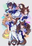  4girls :d ;d \m/ animal_ears aqua_eyes arm_up back_bow bangs blonde_hair blue_bow blue_bowtie blue_eyes blue_hair blue_neckwear blue_sash blush bow bowtie breasts brown_footwear brown_hair buckle commentary daitaku_helios_(umamusume) ear_tag earrings fang fingernails floating frilled_skirt frills full_body gold_city_(umamusume) grey_background grin hand_in_hair hand_on_own_chest highres horse_ears horse_girl horse_tail jewelry large_breasts lips loafers long_hair looking_at_viewer medium_breasts mejiro_palmer_(umamusume) multicolored_hair multiple_girls one_eye_closed open_mouth pleated_skirt sash school_uniform shoes short_hair short_sleeves skin_fang skirt smile streaked_hair stud_earrings suzikoooo73 tail thighhighs tosen_jordan_(umamusume) tracen_school_uniform trait_connection two_side_up umamusume wavy_hair white_legwear white_skirt 