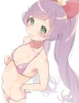 1girl bangs bikini blush bow breasts commentary_request green_eyes hand_on_hip highres hyakumangoku_masurao long_hair looking_at_viewer manaka_lala pretty_(series) pripara purple_bikini purple_hair red_bow simple_background small_breasts solo sweat swimsuit twintails very_long_hair white_background 