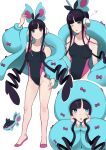  1girl :o absurdres bangs black_hair black_swimsuit blue_eyes blunt_bangs commentary competition_swimsuit elesa_(pokemon) eyelashes finneon flats full_body green_jacket head_rest heart highres jacket knees looking_at_viewer multicolored_hair multiple_views nishikino_kee one-piece_swimsuit one_eye_closed open_clothes open_jacket open_mouth parted_lips pink_footwear pokemon pokemon_(creature) pokemon_(game) pokemon_bw2 sidelocks standing streaked_hair swimsuit 