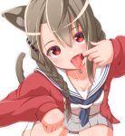  1girl ahoge animal_ears bangs blue_neckerchief blush braid breasts brown_hair cardigan cat_day cat_ears cat_girl cat_tail cleavage collarbone eyebrows_visible_through_hair fangs finger_in_mouth french_braid grey_skirt hair_between_eyes highres indie_virtual_youtuber kusunoki_shio long_hair looking_at_viewer low_twin_braids medium_breasts miniskirt mouth_pull neckerchief nekojima4040 open_mouth pink_nails pleated_skirt red_cardigan red_eyes sailor_collar shirt simple_background skirt slit_pupils solo tail teeth tongue tongue_out transparent_background twin_braids virtual_youtuber white_sailor_collar white_shirt 