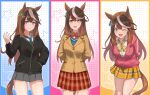  1girl animal_ears bangs black_jacket bow bowtie brown_hair cosplay creator_connection earrings eyebrows_visible_through_hair green_necktie green_sweater grey_skirt highres honda_mio honda_mio_(cosplay) hood hoodie horse_ears horse_girl horse_tail idolmaster idolmaster_cinderella_girls jacket jewelry kusanagi_kaoru light_brown_hair long_hair long_sleeves looking_at_viewer miniskirt multicolored_hair multiple_views necktie new_generations_(idolmaster) one_eye_closed pink_hoodie plaid plaid_skirt pleated_skirt purple_eyes red_bow red_bowtie shibuya_rin shibuya_rin_(cosplay) shimamura_uzuki shimamura_uzuki_(cosplay) single_earring skirt streaked_hair sweater symboli_rudolf_(umamusume) tail umamusume yellow_bow yellow_bowtie 