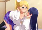  2girls absurdres ayase_eli bangs blonde_hair blue_eyes blue_hair blush breasts cleavage commentary_request eye_contact food food_in_mouth hair_ribbon hand_in_hair highres long_hair long_sleeves looking_at_another love_live! love_live!_school_idol_project mouth_hold multiple_girls nanatsu_no_umi open_mouth otonokizaka_school_uniform partially_unbuttoned pocky pocky_kiss ponytail ribbon school_uniform shirt sonoda_umi swept_bangs white_shirt yellow_eyes yuri 