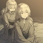  1boy 1girl alternate_hairstyle bangs brother_and_sister collarbone comb combing corrin_(fire_emblem) corrin_(fire_emblem)_(female) couple eyebrows_visible_through_hair fire_emblem fire_emblem_fates hair_between_eyes hair_down hairdressing hand_in_hair harusame_(rueken) hetero indian_style japanese_clothes kimono light_blush long_hair long_sleeves looking_at_another monochrome mouth_hold nervous parted_lips seiza sepia shiny shiny_hair siblings sidelocks sitting takumi_(fire_emblem) wide_sleeves 