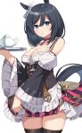  1girl absurdres animal_ears bangs bare_shoulders black_hair blue_eyes breasts choker cleavage cowboy_shot detached_sleeves eishin_flash_(umamusume) eyebrows_visible_through_hair hair_between_eyes highres holding holding_tray juliet_sleeves long_sleeves looking_at_viewer medium_breasts parted_lips petticoat puffy_sleeves short_hair simple_background skirt solo standing striped striped_skirt suiroh_(shideoukami) teapot thighs tray umamusume vertical-striped_skirt vertical_stripes white_background wide_sleeves 