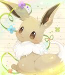  blush brown_eyes closed_mouth commentary_request eevee green_ribbon highres looking_at_viewer looking_back no_humans pokemon pokemon_(creature) ribbon sitting smile solo toes ushiina 