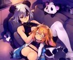  2girls animal_ears black_hair bonnie_(bunny_gif) breasts cleavage commentary couch english_commentary glasses indie_virtual_youtuber indoors large_breasts medium_breasts multicolored_hair multiple_girls optionaltypo orange_hair samantha_(admiral_bahroo) short_hair smile two-tone_hair virtual_youtuber white_hair 