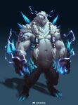  1boy 6suan abs absurdres animal_ears bara bare_pectorals bear_boy bear_ears belly blue_sclera bulge colored_sclera full_body furry furry_male highres league_of_legends lightning_bolt_symbol long_hair male_focus muscular muscular_male navel nipples pectorals plump solo spikes standing stomach thighs volibear white_fur white_hair 